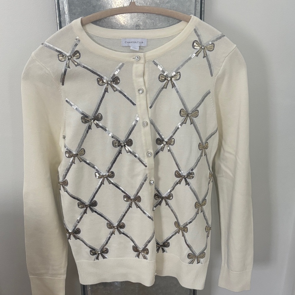 Charter Club Cream Sweater with Silver and Gold Bow Accents